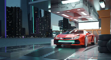 Non-existent brand-less generic concept red sport car in the futuristic garage with city skyline background. 3D renderingの写真素材