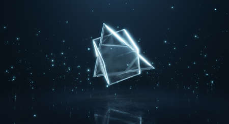 Abstract glowing transparent mixing polygonal module with glowing particle dark blue background. 3d renderingの写真素材