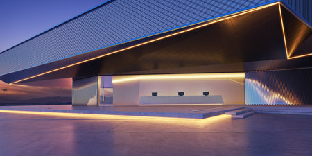 Empty ground in front of modern buildings. Photorealistic 3D rendering.