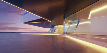 Horizontal view of empty cement floor with steel and glass modern building exterior. Early morning scene. Photorealistic 3D rendering.の写真素材