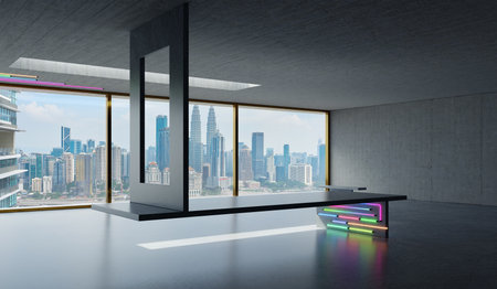 3D rendering of a modern and futuristic loft Interior design with city viewの写真素材