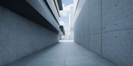 Outdoor empty corridor with concrete wall exterior. 3d renderingの写真素材
