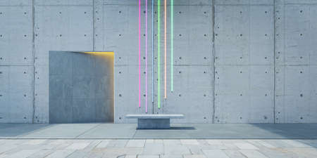 Loft design building exterior with neon light decoration and stone bench. 3d renderingの写真素材