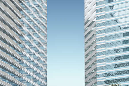 Close up of a geometric structure skyscraper exterior facade. Abstract architecture background .の写真素材