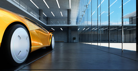 Closeup non-existent brand-less generic concept yellow sport car. 3D illustration rendering