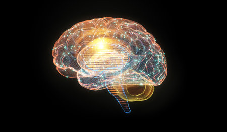3d illustration of wireframe digital human brain on black background. Intelligence, Brainstorm and Neural science technology conceptの写真素材