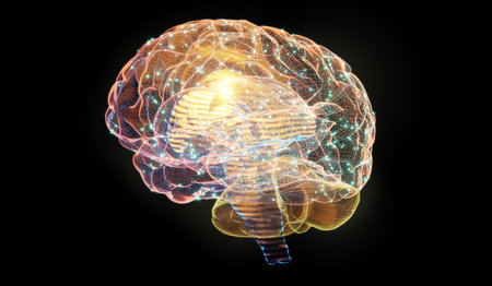 3d illustration of wireframe digital human brain on black background. Intelligence, Brainstorm and Neural science technology conceptの写真素材
