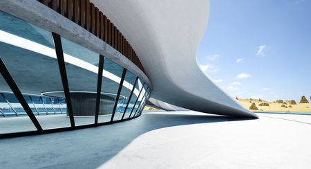 Empty Floor with modern futuristic streamlined design building exterior. Photorealistic 3d renderingの写真素材