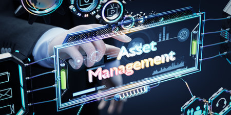 Asset management concept with smart analysis user interface gear device. 3d illustration and renderingの写真素材