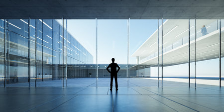 Rear view of successful businessman looking the sky from his office ,early morning scene. Realistic 3d renderingの写真素材