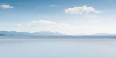 Empty solid clean floor with beautiful landscape backgroundの写真素材
