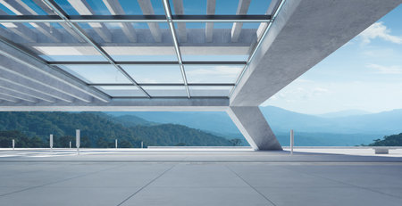 Empty street under the bridge with beautiful morning landscape scene. 3d renderingの写真素材