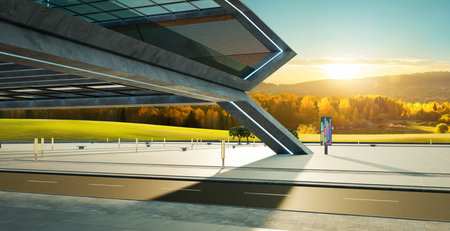 Empty street under the bridge with beautiful sunrise landscape scene. 3d renderingの写真素材