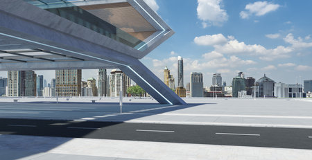 Perspective view of empty concrete floor and modern rooftop building with sunrise cityscape scene. Mixed mediaの写真素材