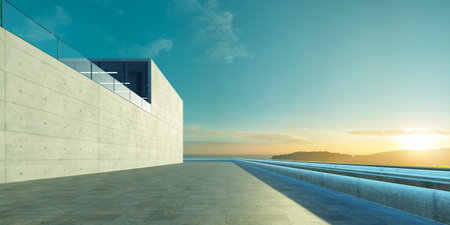 Perspective view of empty floor with modern building exterior. Sunrise scene. Photorealistic 3D rendering.の写真素材