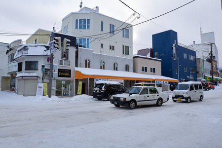 Otaru, Japan - December 19, 2022 : Snow-covered streets of Otaru. Otaru is popular tourist attractions in Hokkaido,Japanのeditorial素材
