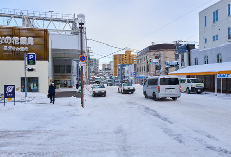 Otaru, Japan - December 19, 2022 : Snow-covered streets of Otaru. Otaru is popular tourist attractions in Hokkaido,Japanのeditorial素材