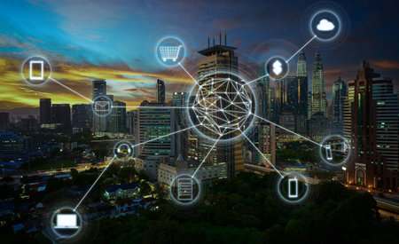 Internet of things with modern city. Smart city and shopping info network concept.の写真素材