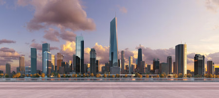 Modern city with a beautiful sunrise view and empty floor in front. 3d renderingの写真素材