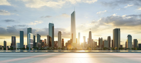 Modern city with a beautiful sunrise view and empty floor in front. 3d renderingの写真素材
