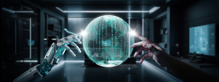Robot hand and human hand touching virtual digital Earth together. Artificial intelligence globalization shares big data together concept.の写真素材
