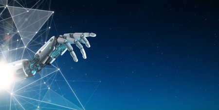 The robotic hand sticks out from the virtual world, the future world has arrived concept. 3d renderingの写真素材