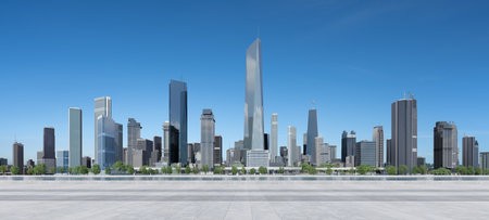 Open space floor and daytime cityscape. 3D renderingの写真素材