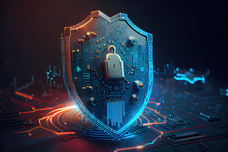 A shield with a lock. Cyber security concept. Created with Generative AI technologyの素材