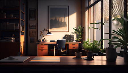 Office early morning. Created with Generative AI technologyの素材
