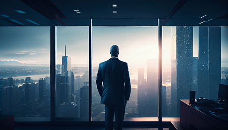 Rear view of successful businessman looking at the city. Created with Generative AI technologyの素材