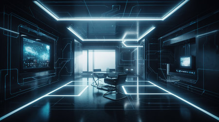 Futuristic dim with LED line lighting design technology office space. Created with Generative AI technologyの素材
