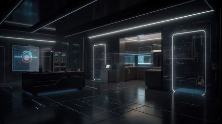 Futuristic dim with LED line lighting design technology office space. Created with Generative AI technologyの素材
