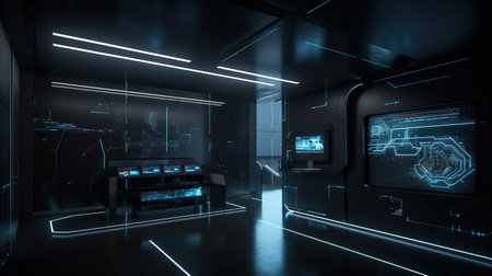 Futuristic dim with LED line lighting design technology office space. Created with Generative AI technologyの素材