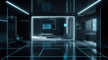 Futuristic dim with LED line lighting design technology office space. Created with Generative AI technologyの素材