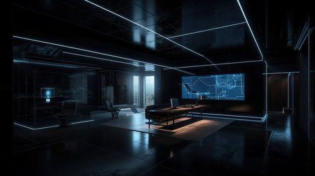 Futuristic dim with LED line lighting design technology office space. Created with Generative AI technologyの素材