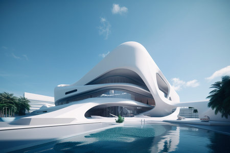Streamlined technology exterior design building. Created with Generative AI technologyの素材