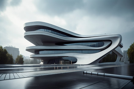 Streamlined technology exterior design building. Created with Generative AI technologyの素材