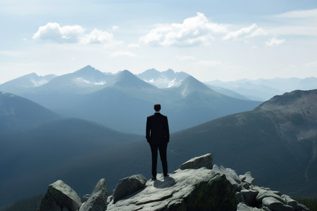Young businessman stand on top of mountain. Created with Generative AI technologyの素材