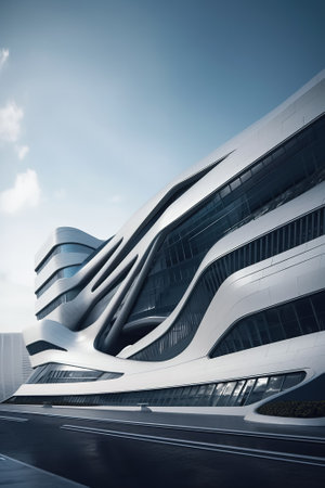 Streamlined technology exterior design building. Created with Generative AI technologyの素材