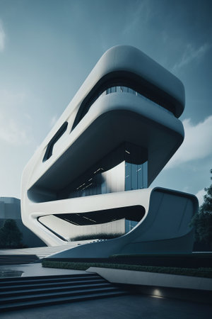 Streamlined technology exterior design building. Created with Generative AI technologyの素材