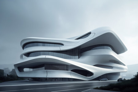 Streamlined technology exterior design building. Created with Generative AI technologyの素材
