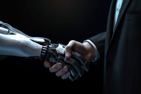 Businessman and robot shake hand pose. Created with Generative AI technologyの素材