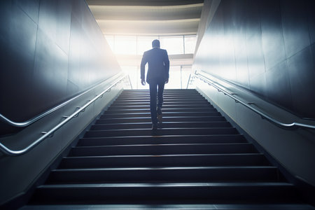 Businessman climbing stairs,ambition concept. Created with Generative AI technologyの素材