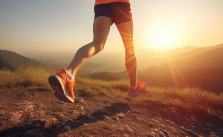Close-up at the runner feet running. Created with Generative AI technologyの素材