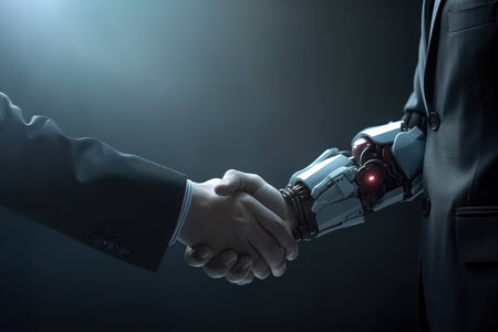 Businessman and robot shake hand pose. Created with Generative AI technologyの素材