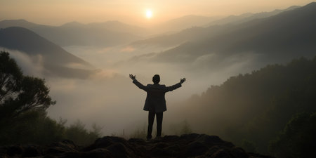 Young businessman shouting with raised hands on top of mountain. Created with Generative AI technologyの素材