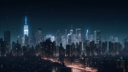 Beautiful night city skyline. Created with Generative AI technologyの素材