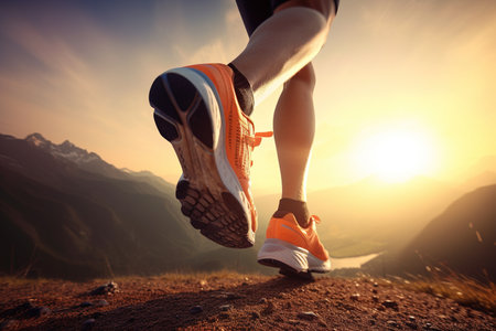 Close-up at the runner feet running. Created with Generative AI technologyの素材