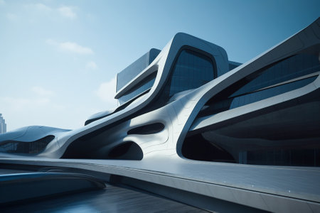 Streamlined technology exterior design building. Created with Generative AI technologyの素材