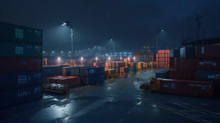 Stack of Containers Cargo Ship Import and Export in Harbor Port, Business Commercial Dock and Transportation. Created with Generative AI technologyの素材
